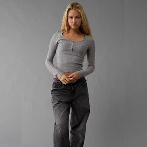 American Eagle Fitted Henley Sweater, Grey, Size XL